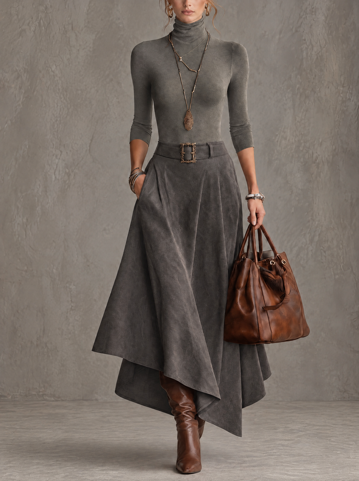 Calvyre-Paris | Clémence | Ensemble gris à col montant et jupe asymétrique