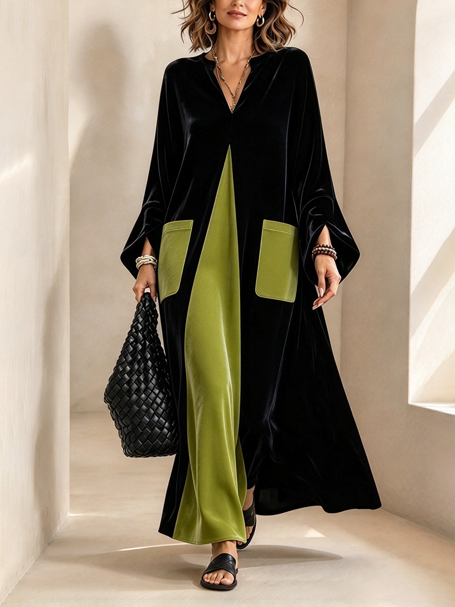 Calvyre-Paris | Gisèle | Robe longue en velours à empiècements contrastés