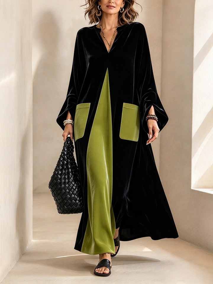 Calvyre-Paris | Gisèle | Robe longue en velours à empiècements contrastés