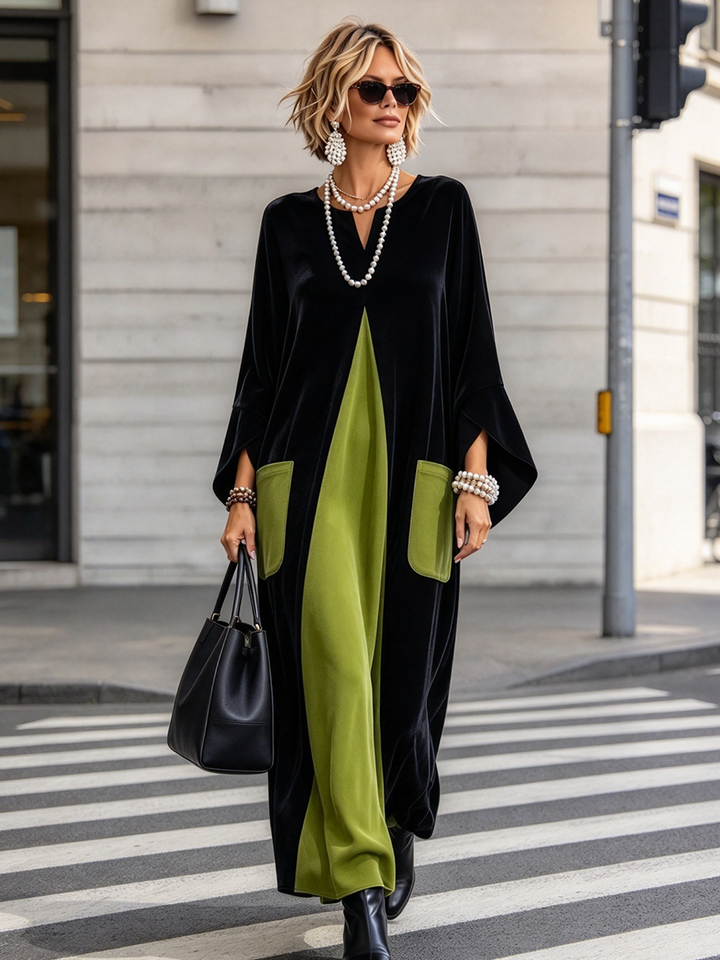 Calvyre-Paris | Gisèle | Robe longue en velours à empiècements contrastés