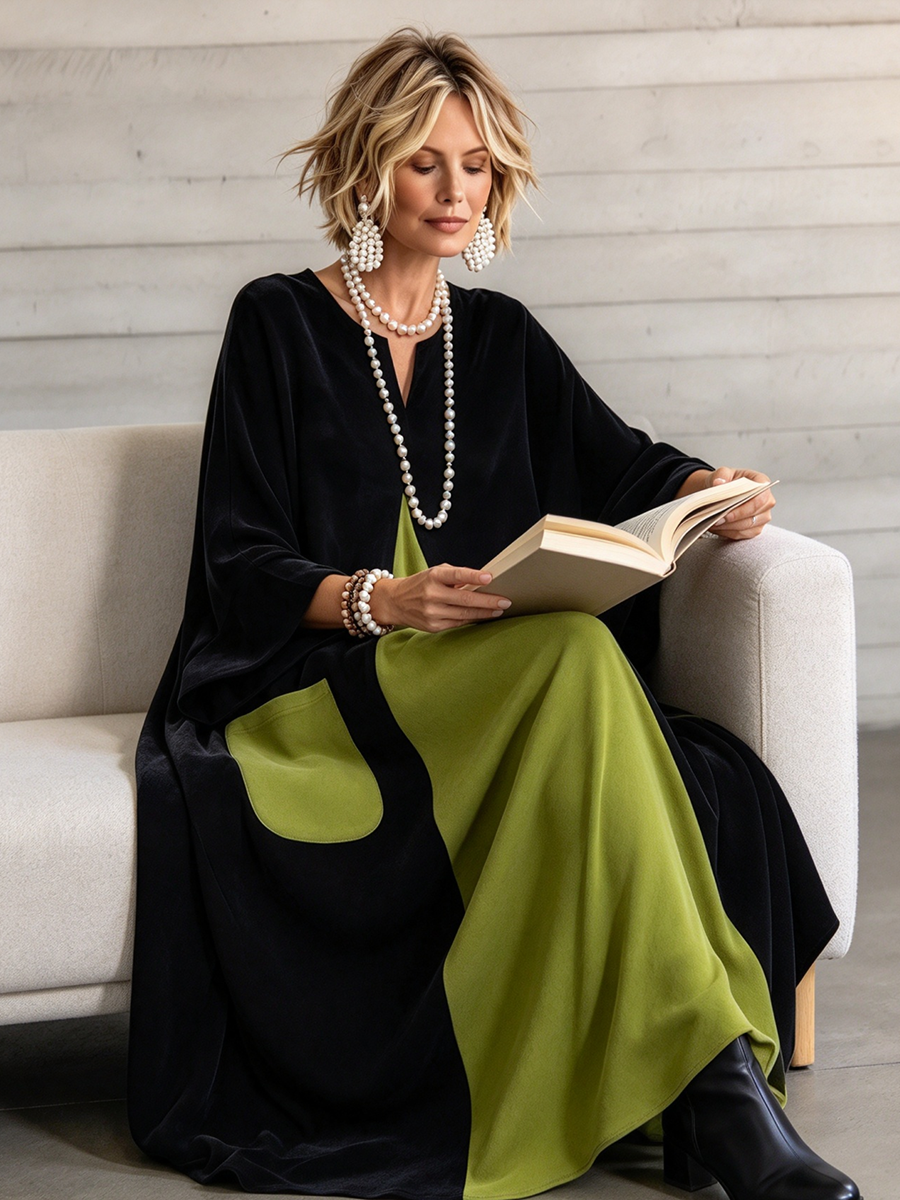 Calvyre-Paris | Gisèle | Robe longue en velours à empiècements contrastés