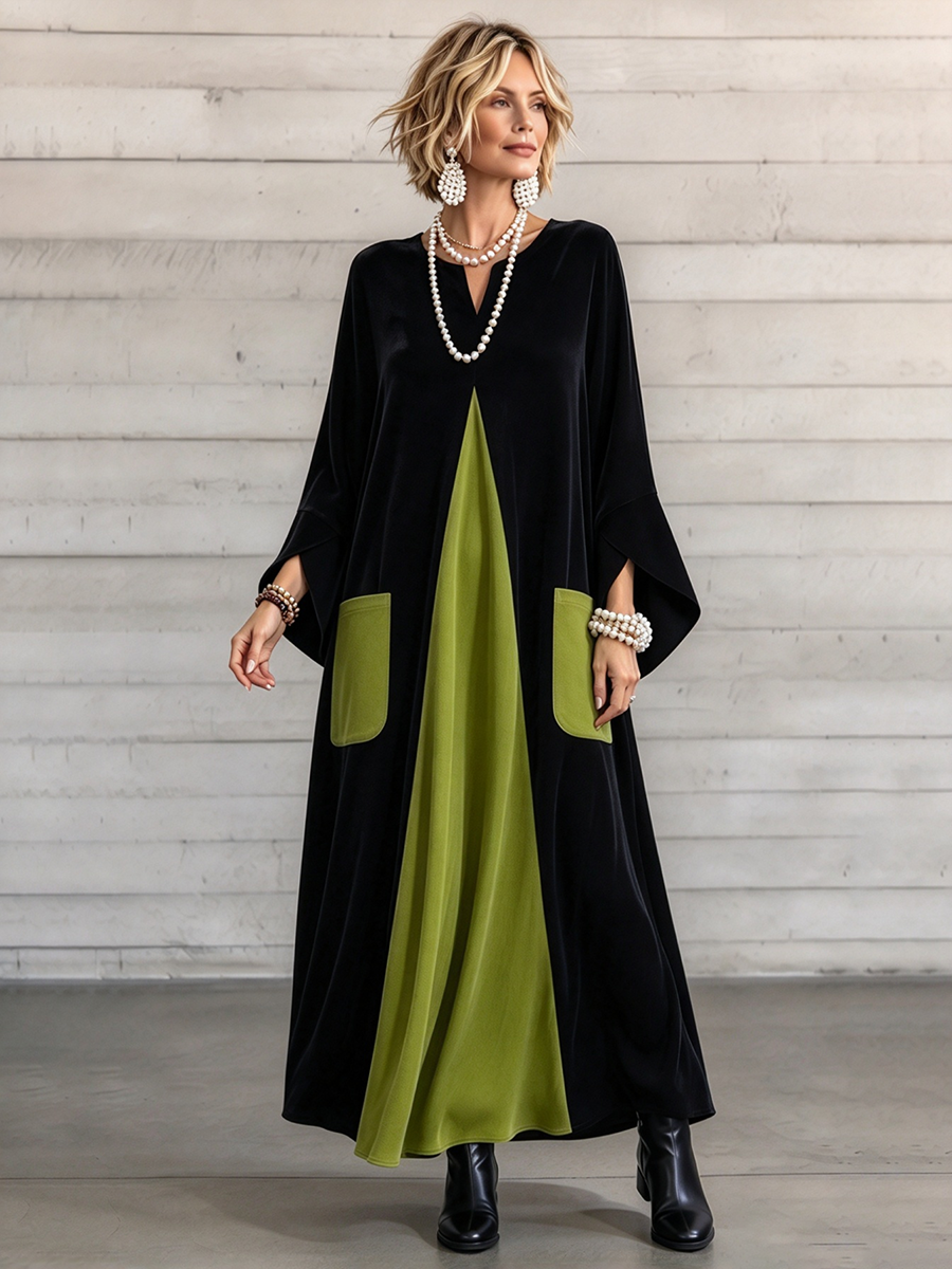 Calvyre-Paris | Gisèle | Robe longue en velours à empiècements contrastés